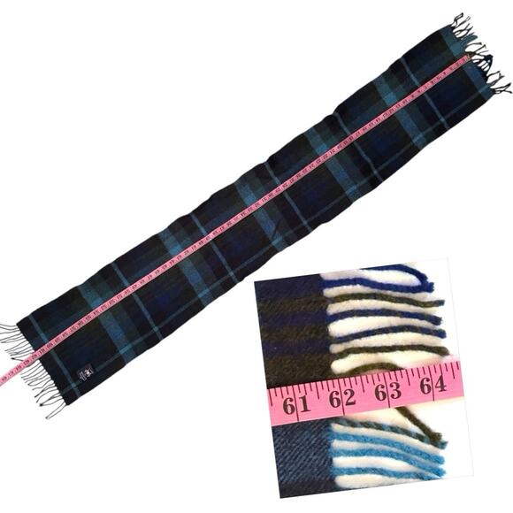 J Crew By Moon England Mens Merino Wool Blue Plaid Knit Scarf Fringe - Picture 7 of 9